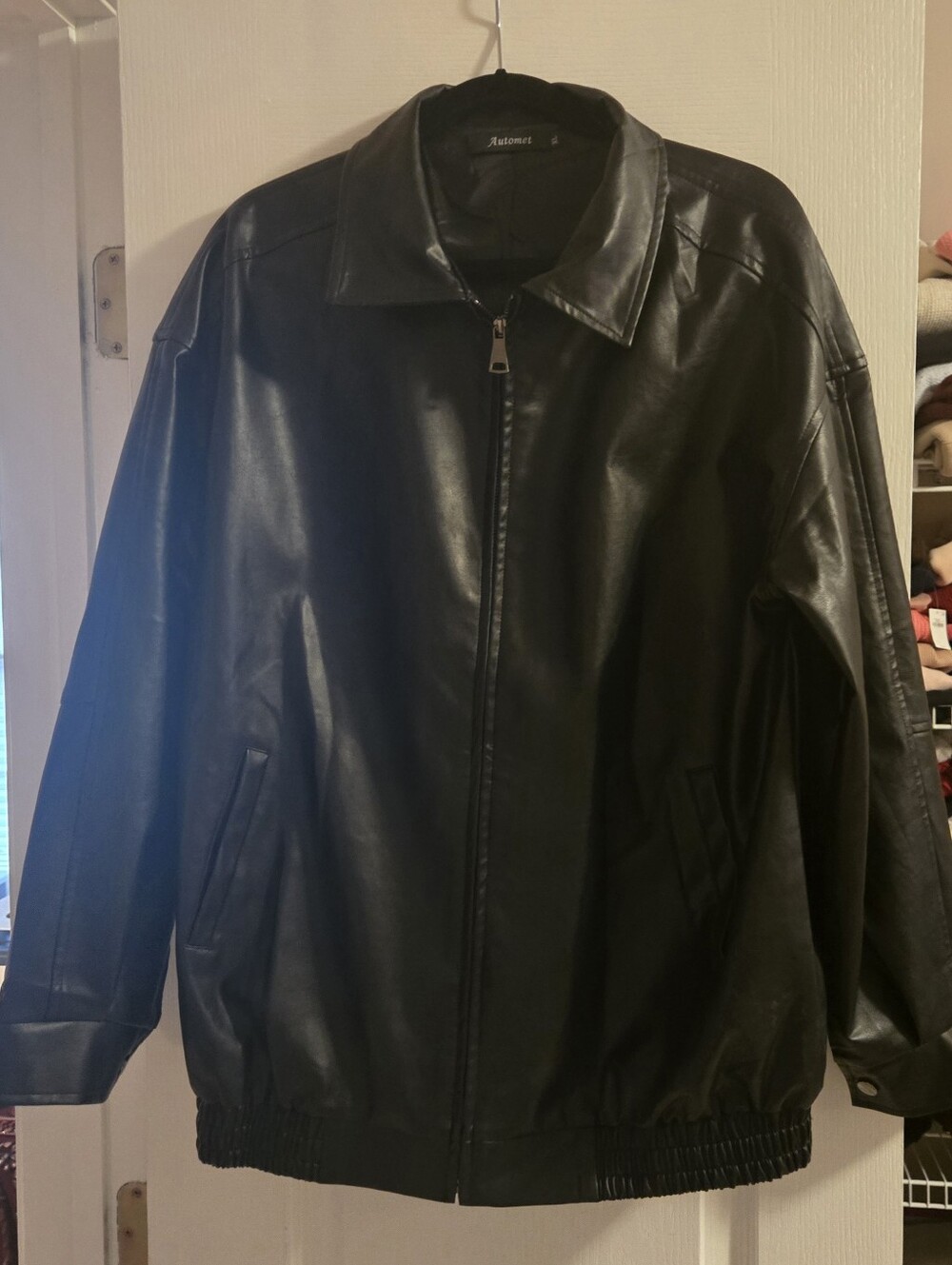 Automet Women Black Faux Leather Oversized Bomber Jacket XL
